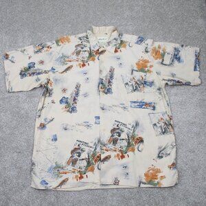 Eddie Bauer Shirt Mens Large Tan Hunting Fishing Print 100% Cotton S/S Button Up